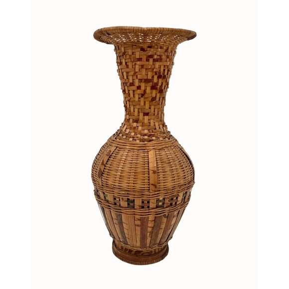 VINTAGE MCM WOVEN WICKER RATTAN BASKET VASE 60'S/70'S - Picture 1 of 5